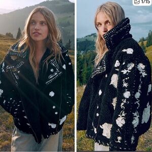 Free People Maya Sherpa Jacket Black Floral Embroidery Oversized Large
